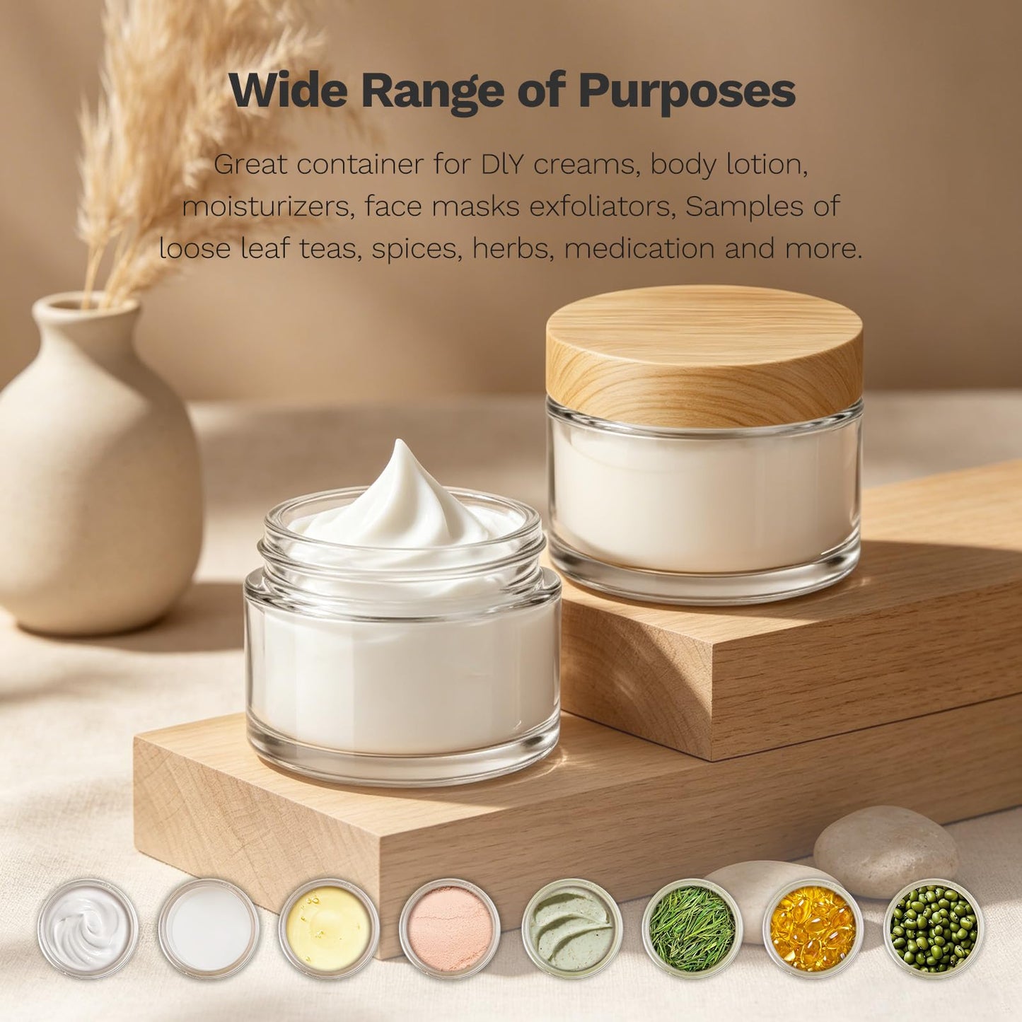 1 oz Glass Jars with Plastic Woodgrain Lids, Bumobum 48 pack Round Clear Cream Jars with Black and White Labels & Inner Liners, Empty Cosmetic Containers for Cream, Lotion, Ointment