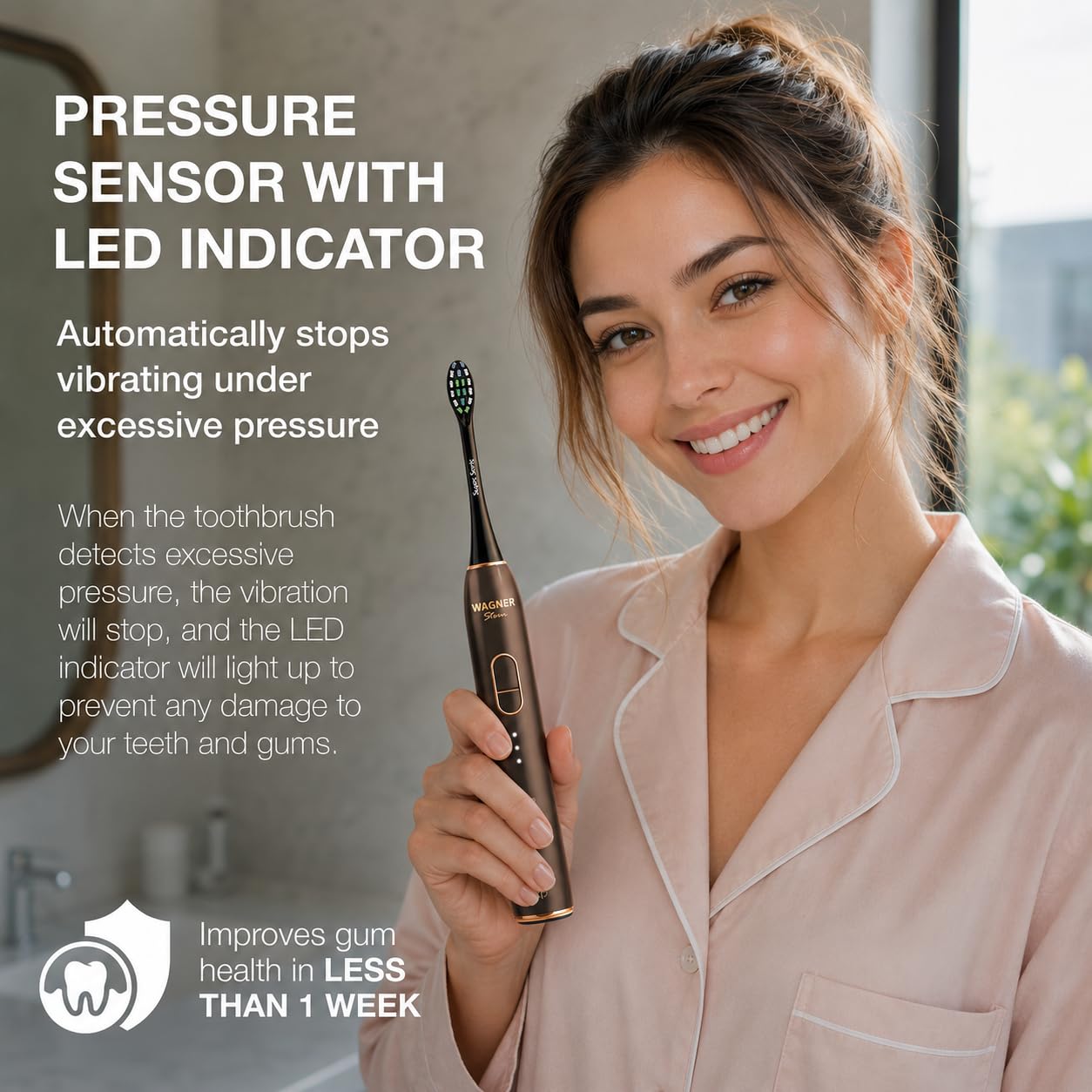 Wagner Stern IntelliBrush Series Whitening Electric Toothbrush with Pressure Sensor. Offers 4 Brushing Modes, 3 intensities, 8 Soft Brush Heads, and a Luxury Travel case.