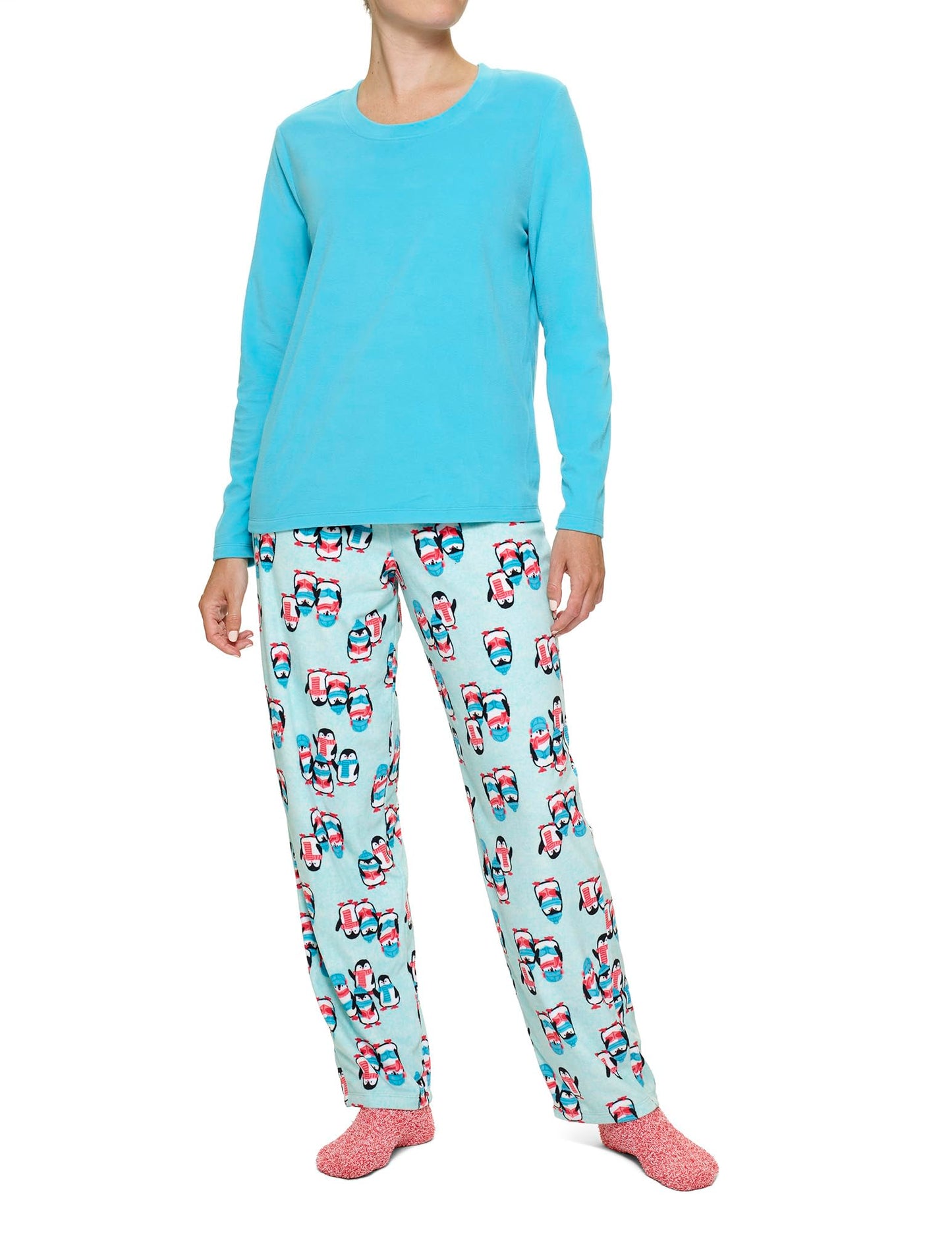 HUE Women's Super Soft Fleece 3 Piece Pajama Set, Scuba Blue - Penguins, Large