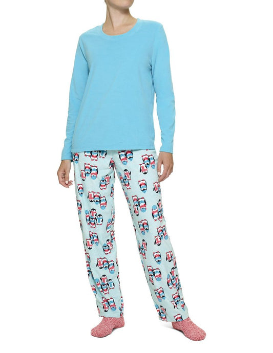 HUE Women's Super Soft Fleece 3 Piece Pajama Set, Scuba Blue - Penguins, Large