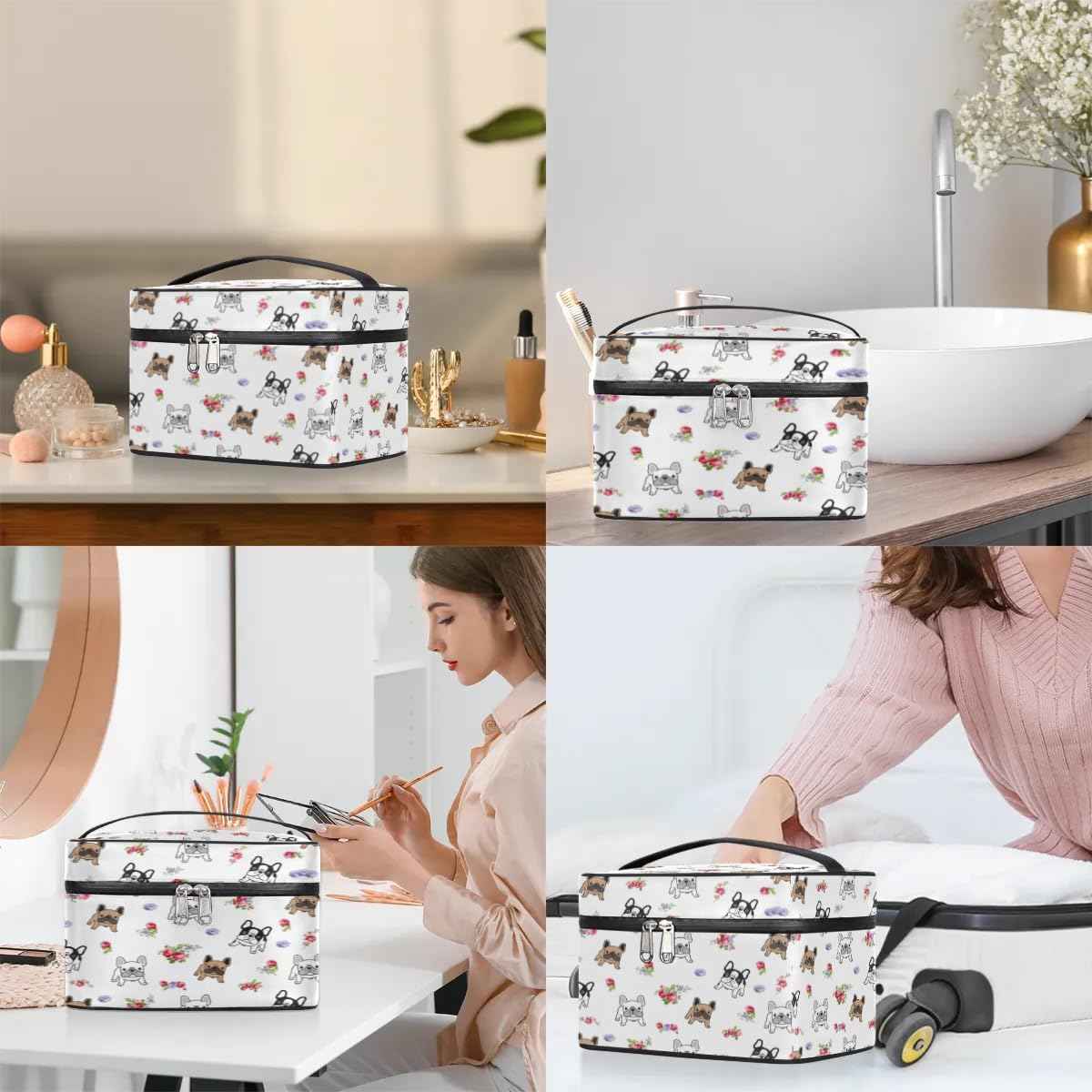 Funky Qiu Makeup Bag,French Bulldog Flower Cosmetic Bags for Woman Girls,Portable Large Capacity Travel Makeup Case Organizer Cosmetic Case Travel Essential
