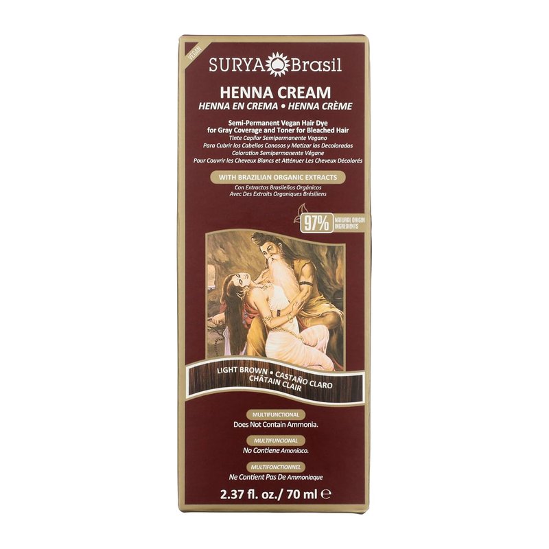 Surya Brasil Henna Cream Light Brown - Vegan Semi-Permanent Hair Color for Deep Hydration | 2.37 oz