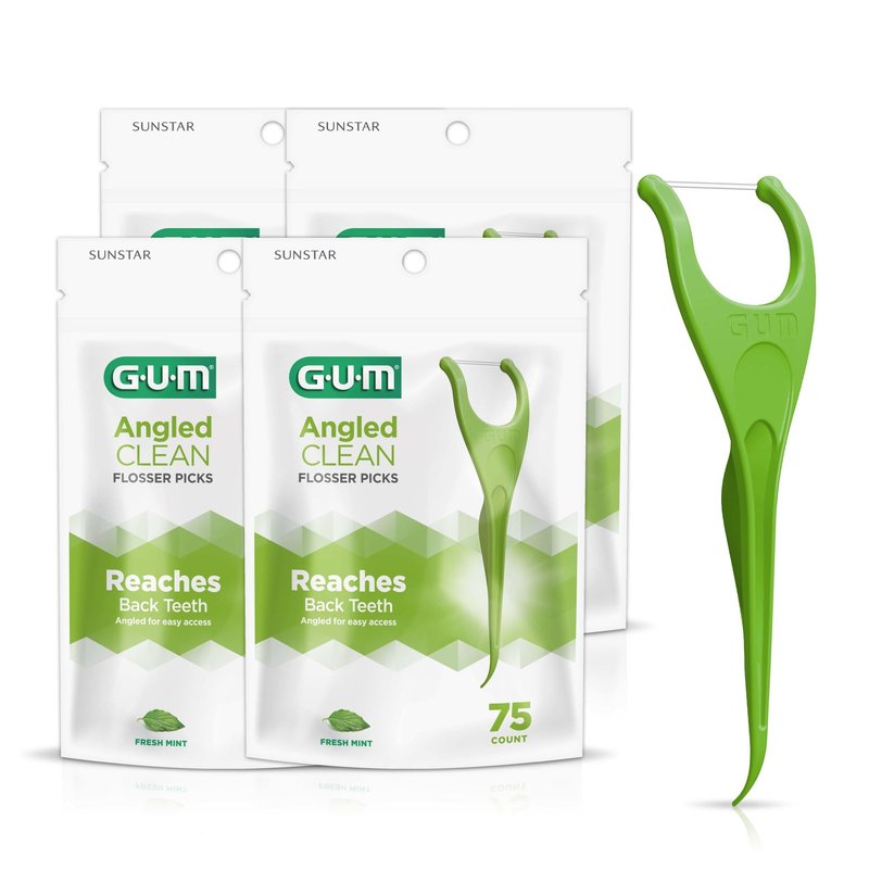 GUM Angled Clean Dental Floss Picks, Extra-Strong Shred-Resistant Floss with Easy-Grip Handle, Angled for Easy Reach, Fresh Mint Flavor, 75 Count (Pack of 4), 300 Total
