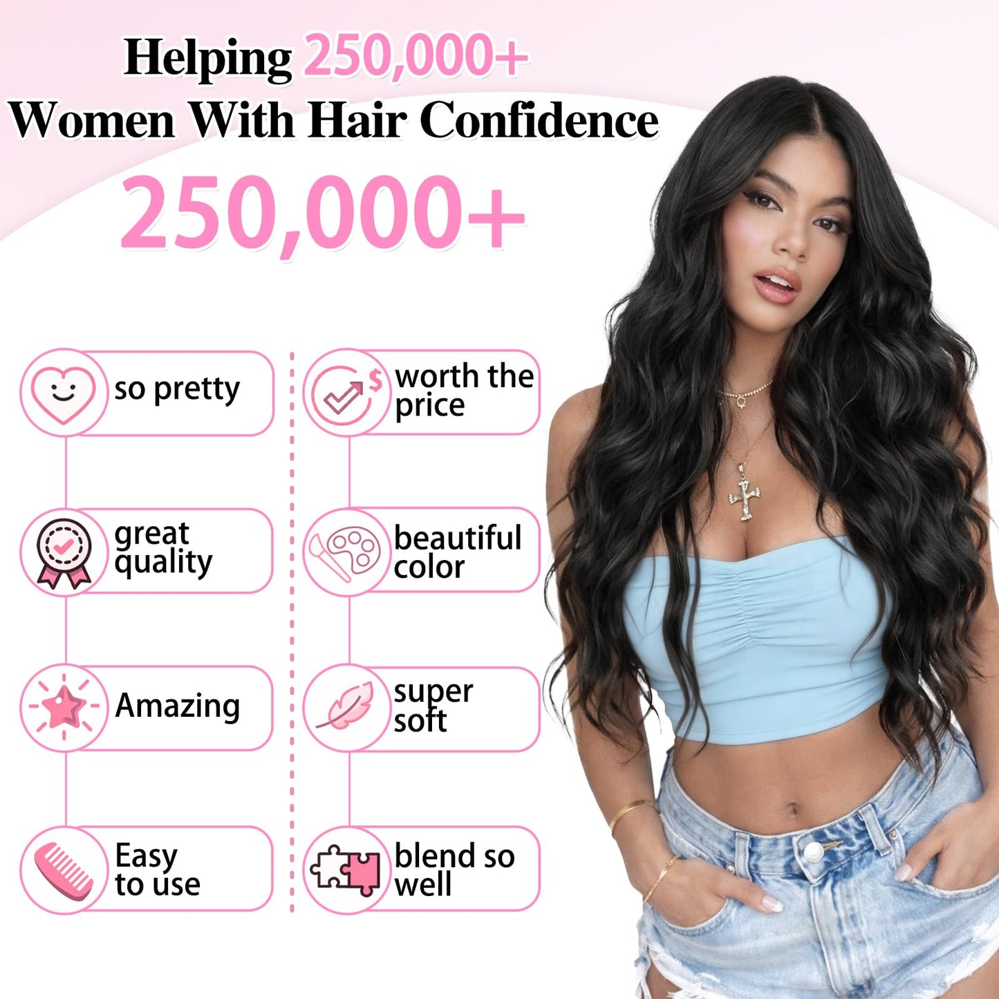 ALXNAN Clip in Long Wavy Synthetic Hair Extension 24 Inch Black 4PCS Thick Hairpieces Fiber Double Weft Hair for Women