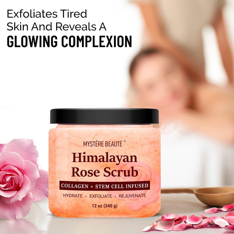 MYSTÉRE BEAUTÉ Himalayan Salt Body Scrub Twin Pack (12 oz x 2) - with Collagen, Rose Oil & Stem Cells - Exfoliating Scrub for Cellulite, Acne & Stretch Marks - Natural Skin Care Gift Set