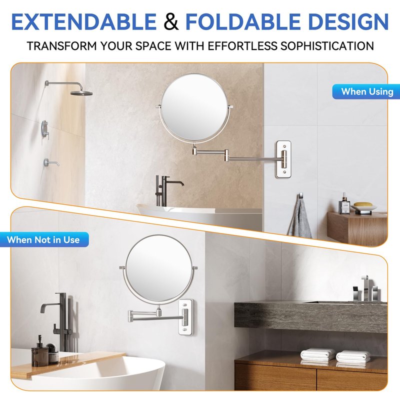 Auxmir 8'' Wall Mounted Makeup Mirror, 1X/20X Double-Sided Magnifying Mirror with Tweezer, HD Bathroom Makeup Mirror, Cosmetic Vanity Mirror with 360 Rotation Extendable Swivel Arm, Chrome
