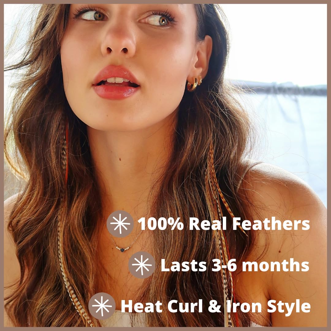 Natural Hair Feathers with Loop & Beads Browns, Black & White, Neutrals