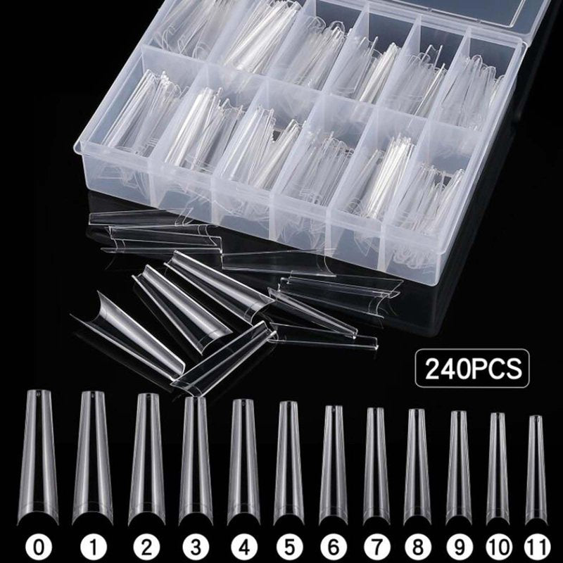 240pc Extra Long French Coffin Nail Tips, Soft Gel Coffin Fake Nails, XL Gel Nail Tips Half Cover Curved Ballerina False Nails, Extra Long Artificial Fingernail 12 Size for Acrylic Nail Extension