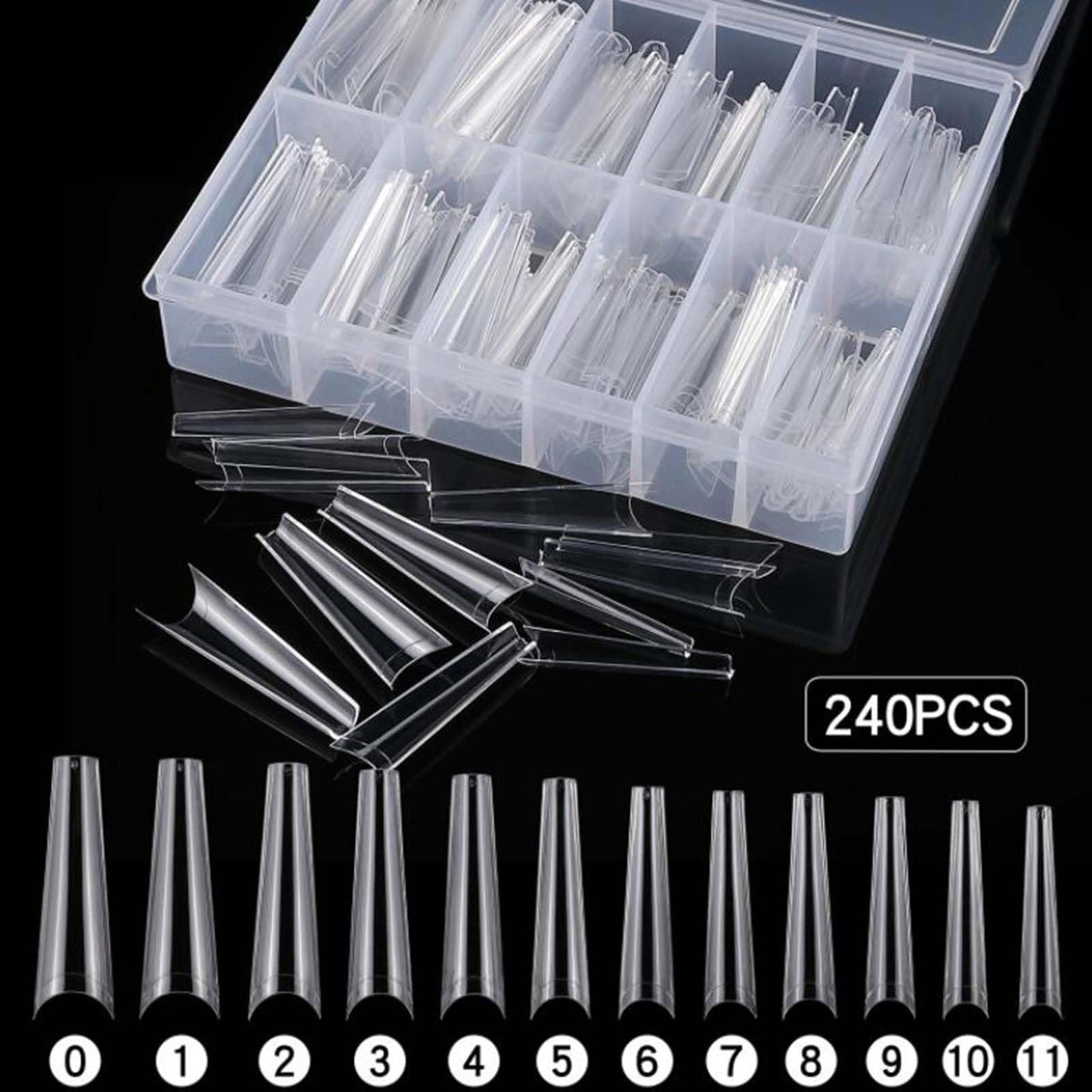 240pc Extra Long French Coffin Nail Tips, Soft Gel Coffin Fake Nails, XL Gel Nail Tips Half Cover Curved Ballerina False Nails, Extra Long Artificial Fingernail 12 Size for Acrylic Nail Extension