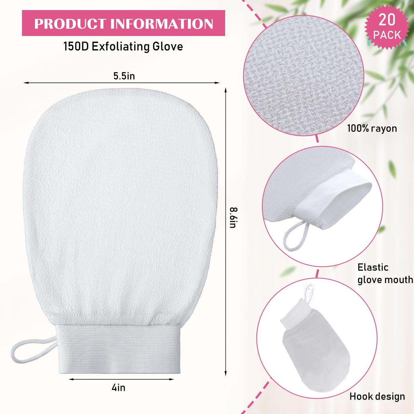 FoldTier 20 Pcs Exfoliating Glove Bulk Summer Exfoliator Mitt Body Scrubber 150d Viscose Fiber Skin Korean Scrub Mitt for Spa Massage Dead Skin Remover for Men and Women(20 Pcs,White)