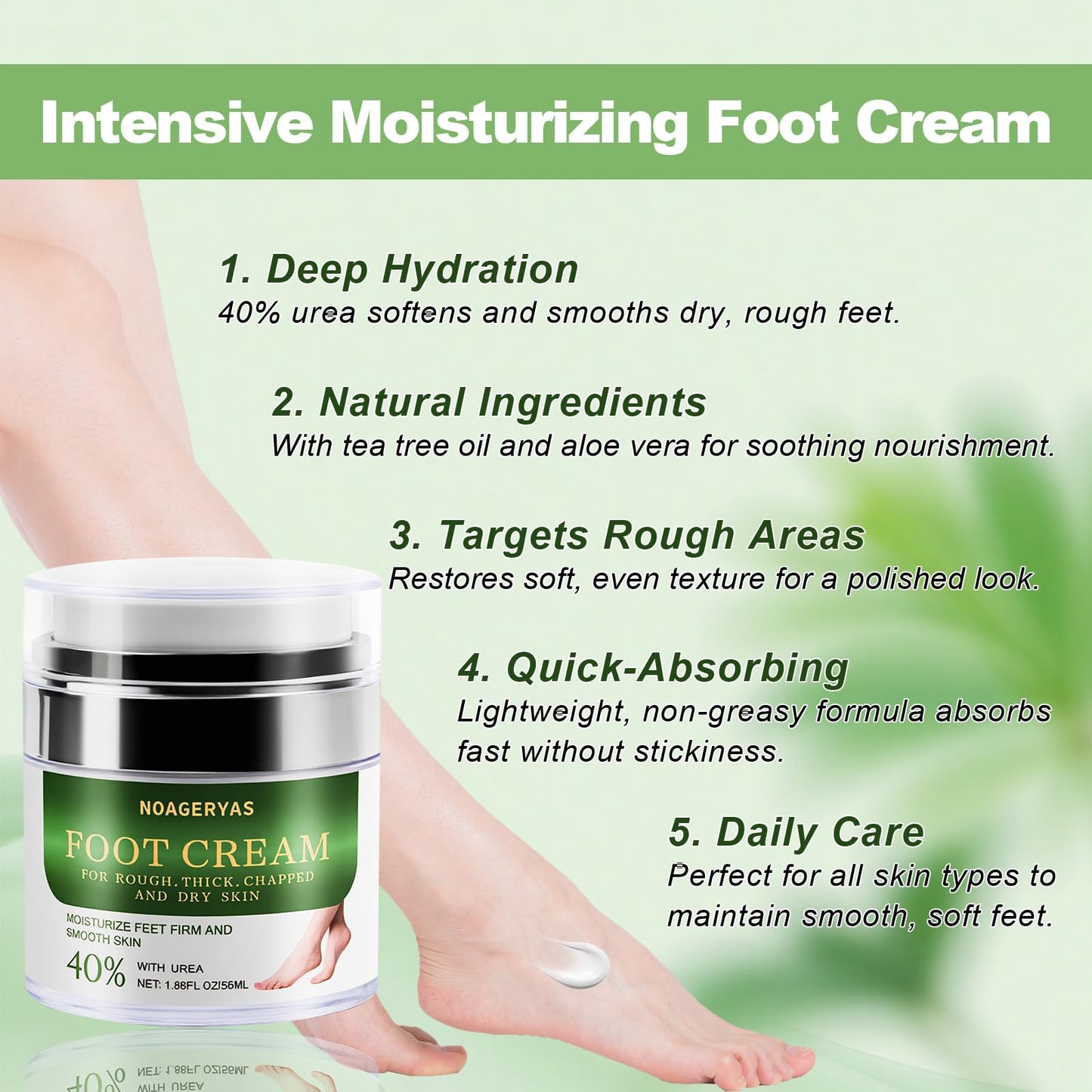 NOAGERYAS Urea Cream with 40% Urea, Tea Tree Oil, and Aloe Vera - Moisturizing Foot Cream for Soft, Smooth Skin - Ideal for Rough, Cracked, and Dry Feet