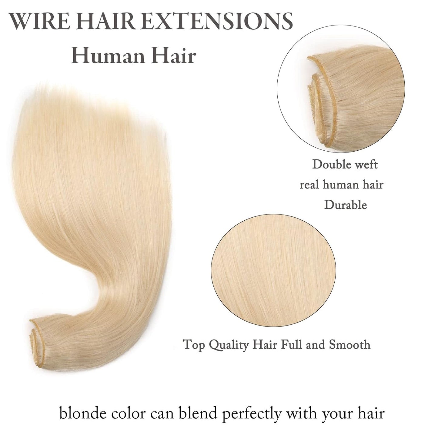Real Human Hair Wire Extensions - 14 Inch Bleach Blonde Straight Hair | 80g Invisible Fish Line