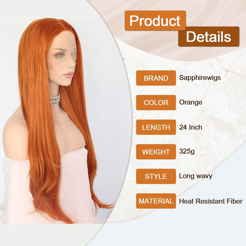 Orange Lace Front Wig - 13x4 Synthetic Natural Wave - 26 Inch Glueless Pre Plucked for Daily Cosplay & Halloween