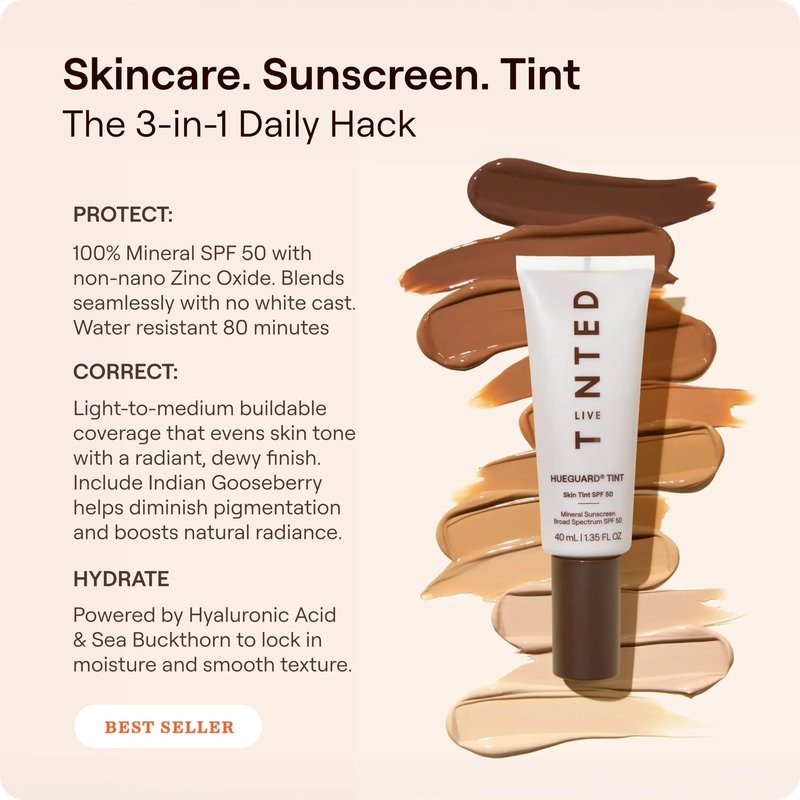 Live Tinted Hueguard Tinted Sunscreen SPF 50 - Mineral Sunscreen for Face, Skin Tint with Buildable Coverage, Dewy Glow Finish, Hydrating, Vegan, Fragrance-Free, Water & Sweat Resistant, Shade 08
