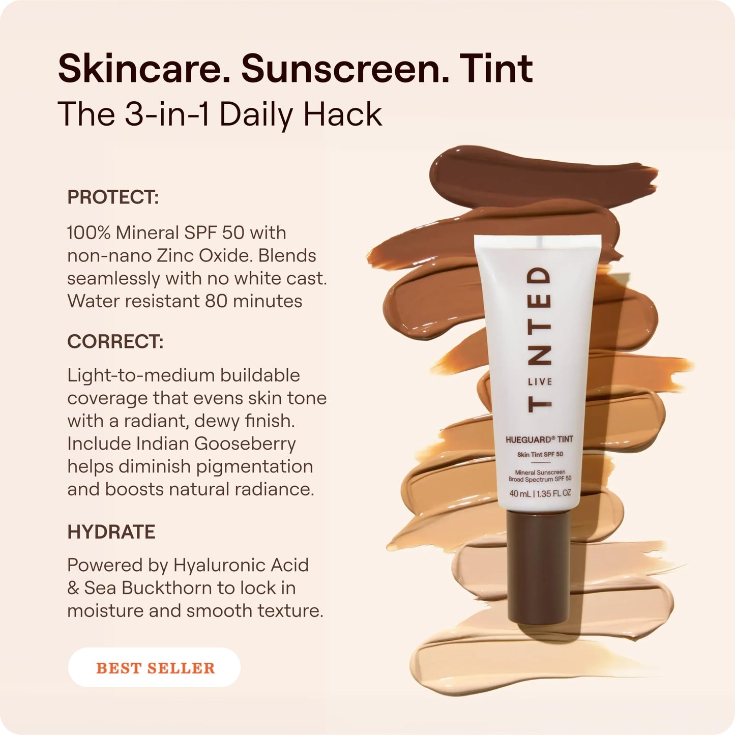Live Tinted Hueguard Tinted Sunscreen SPF 50 - Mineral Sunscreen for Face, Skin Tint with Buildable Coverage, Dewy Glow Finish, Hydrating, Vegan, Fragrance-Free, Water & Sweat Resistant, Shade 09