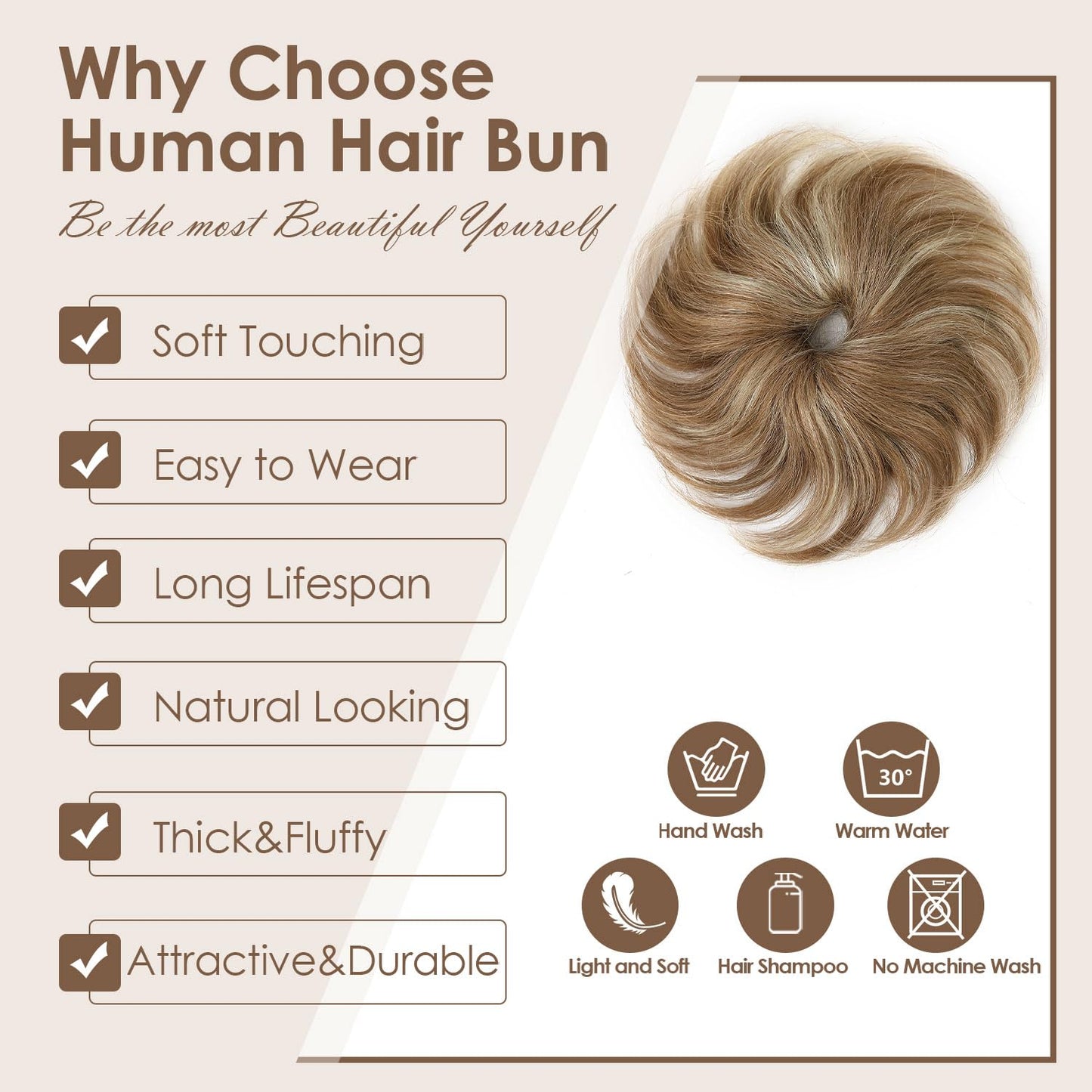 KISANOF Messy Bun Hair Piece Human Hair Honey Brown Highlighted Bleach Blonde UElegant Chignon with Elastic Rubber Band(2 Count #P6-613 Honey Brown Highlighted Bleach Blonde