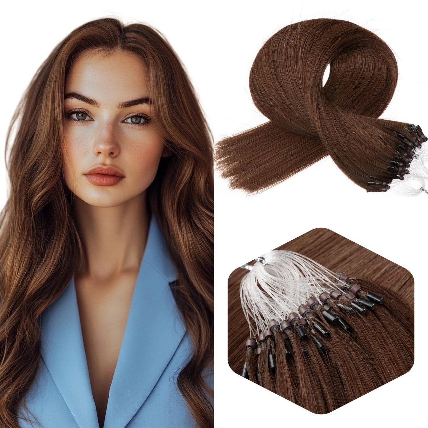 Microlink Hair Extensions Human Hair Brown Bead Hair Micro Beads Hair Extensions 16" Remy Hair Extension 50g #4 Micro Loop Hair Extension for Women