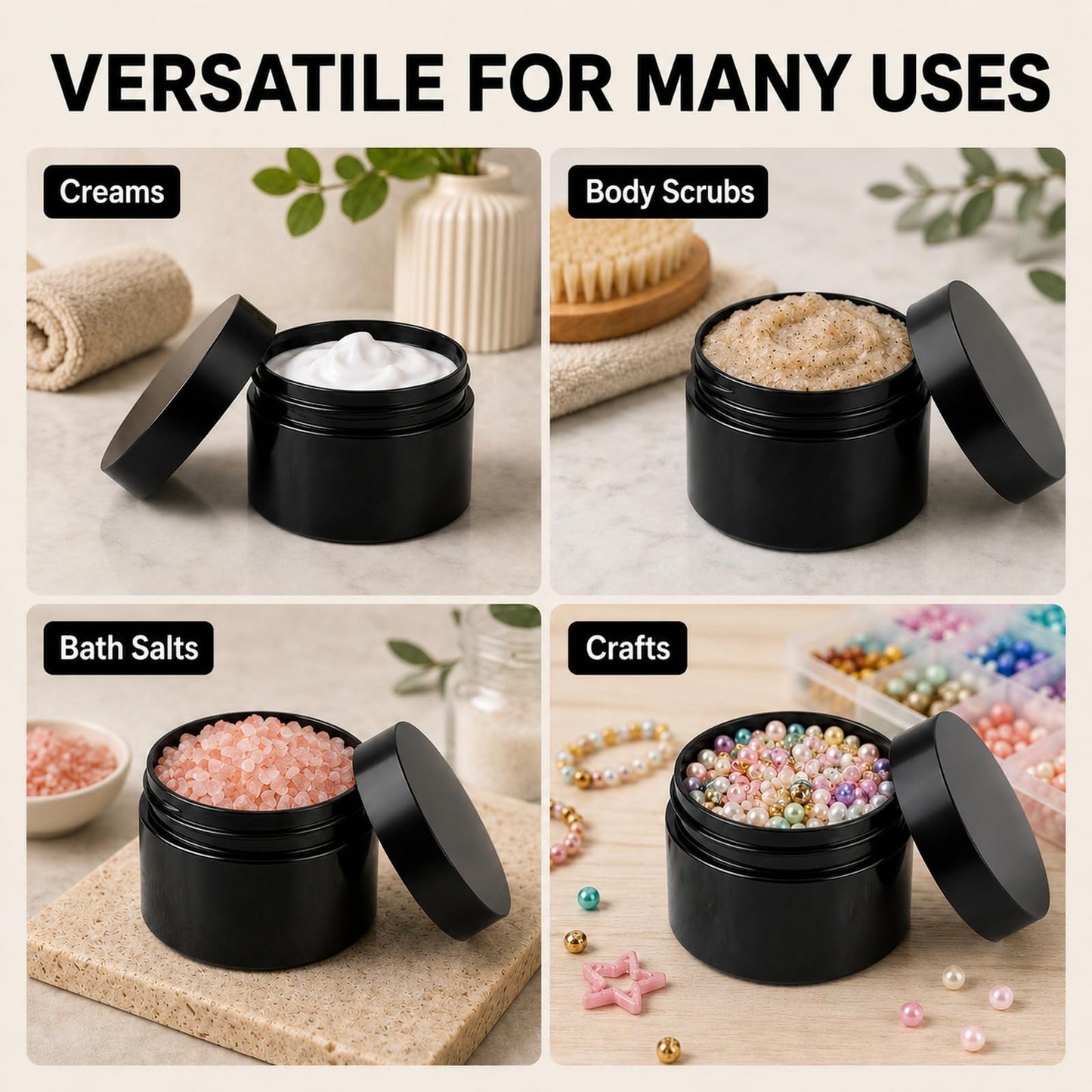 Acrux7 40 Pack 4 oz Black Plastic Jars, Small Round Cosmetic Cream Jars with Lids & Labels, Refillable Plastic Cream Container 120 ml Leak Proof Travel Jars for Creams, Lotion, Body Butter, Body Scrub