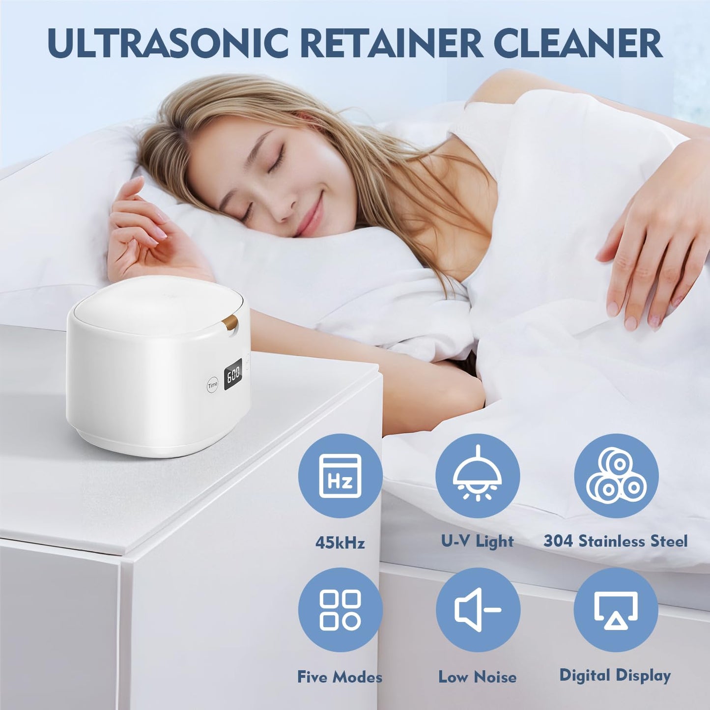 BRNMLD Ultrasonic Retainer Cleaner, 45kHz Sonic Retainer Cleaner Machine Dental Cleaning Pod for Dentures, Mouth Guards, Braces, Toothbrush Heads, Jewelry, 5 Modes for All Dental Appliances (White)