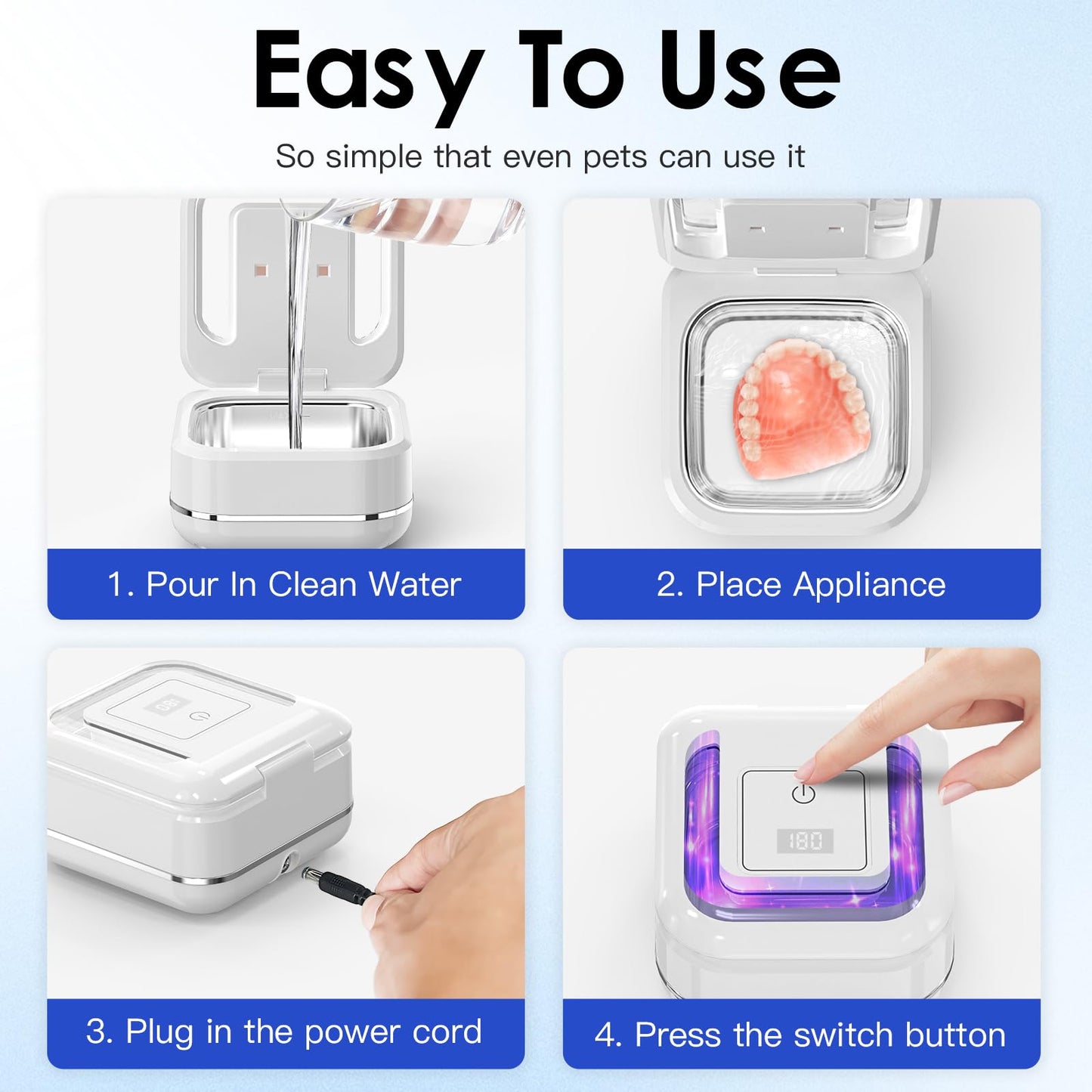 HAUSBELL Dental Pod: Ultrasonic Retainer Cleaner, Denture Cleaner Machine with 8 Cleaner Tablets, Aligner Cleaner, Nightguard Cleaner, Mouthguard Cleaner, Ultrasonic Cleaner with Noise-Reduction Lid