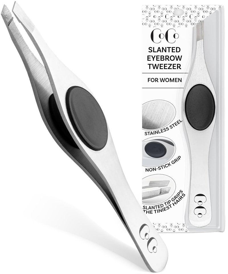 Coco’s Closet Tweezer for Eyebrows – Surgical grade Stainless Steel Slant Silver Tweezer - Precision for Ingrown Hair Removal