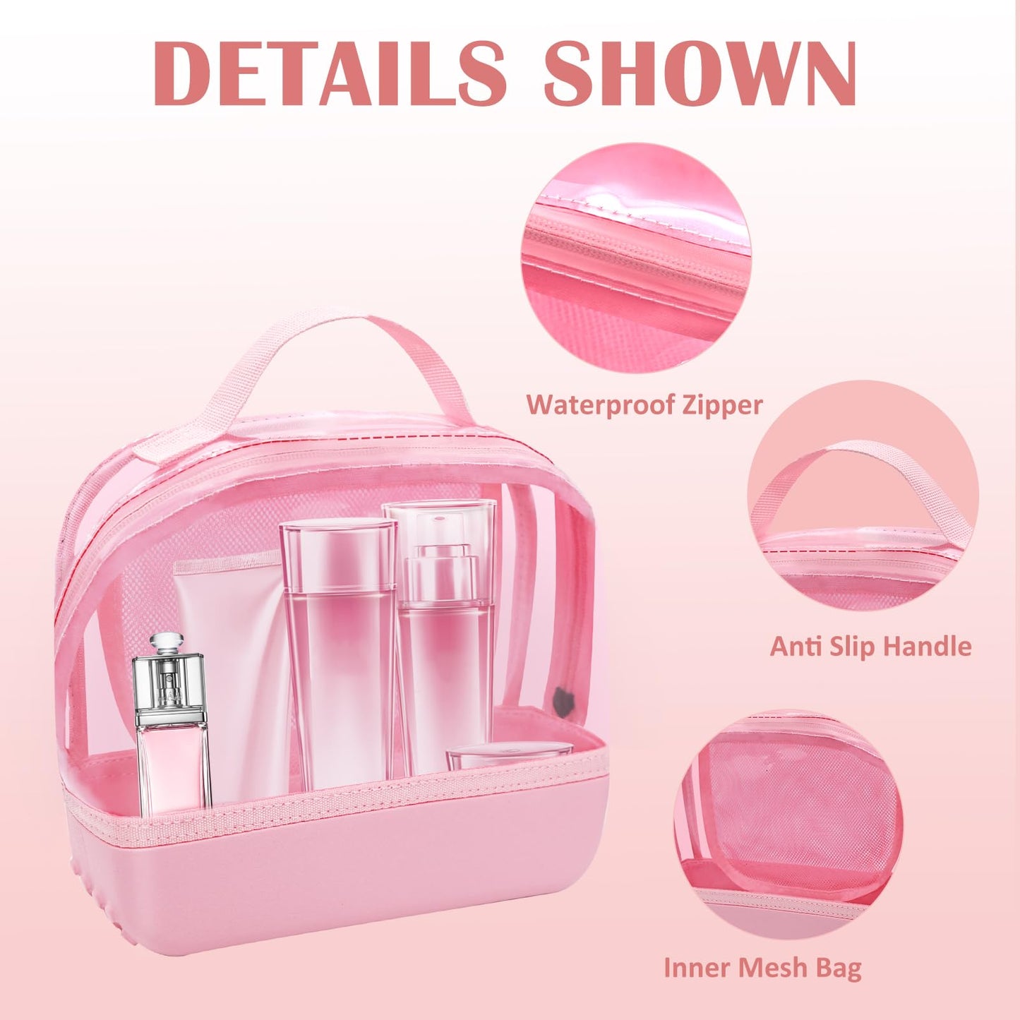 Chokoter Clear Small Makeup Bag, Makeup Pouch Toiletry Bags for Traveling Women, Cosmetic Bag with Waterproof Anti-slip EVA Bottom (Pink)