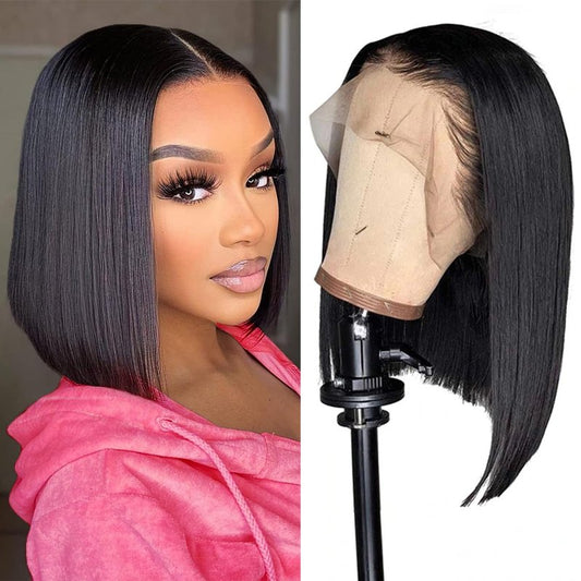 Hertune Bob Wig Human Hair 13x4 Frontal Lace Wig Human Hair 180 Density Glueless Pre Plucked with Baby Hair Straight Bob Wigs for Black Women 180% Density Pre Plucked Natural Color 12 inch