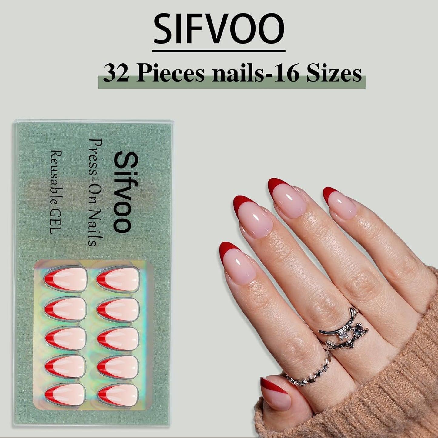 Red French Tip Press On Nails - Glossy Short Almond Set | 32 Count, 16 Sizes, Reusable Nail Kit with Glue