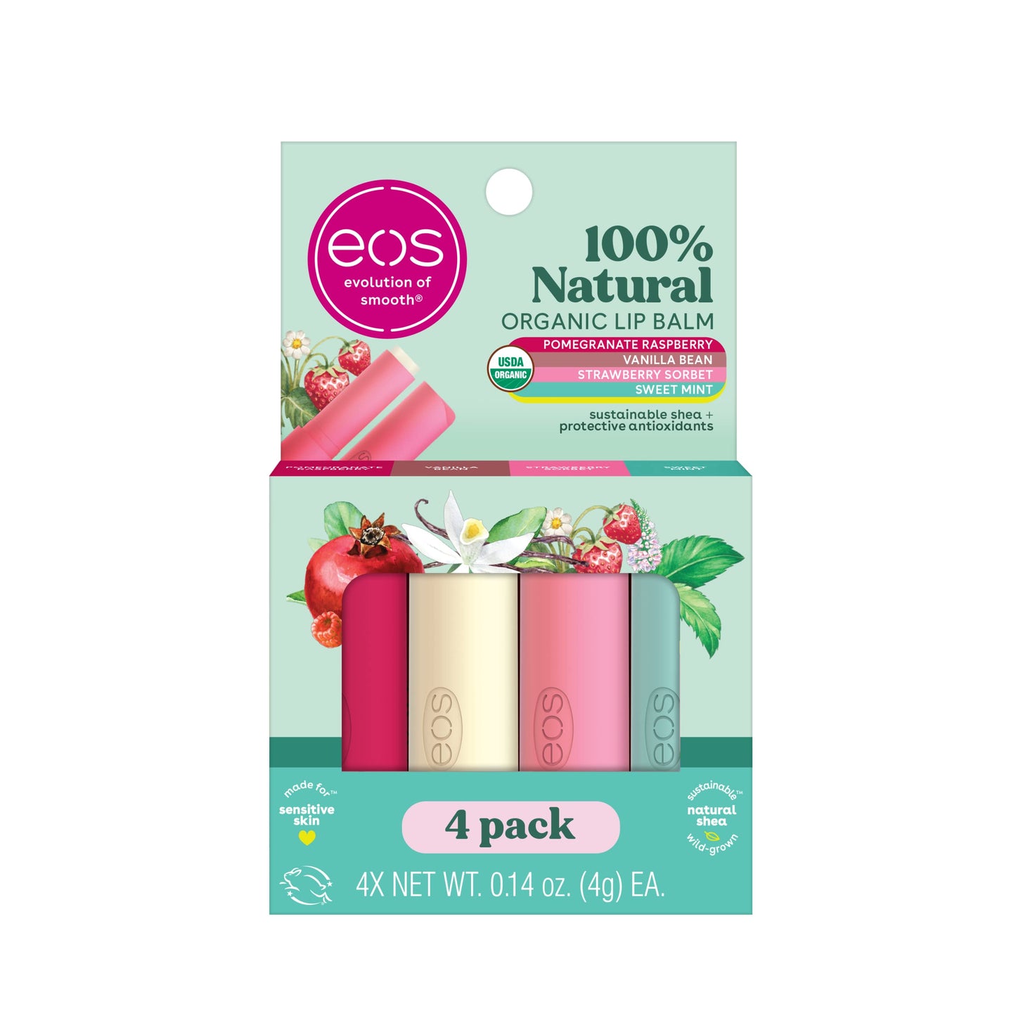 eos 100% Natural & Organic Lip Balm Sticks- Strawberry Sorbet, Vanilla Bean & Shea Better Body Lotion- Vanilla Cashmere, 24-Hour Moisture Skin Care, Lightweight & Non-Greasy