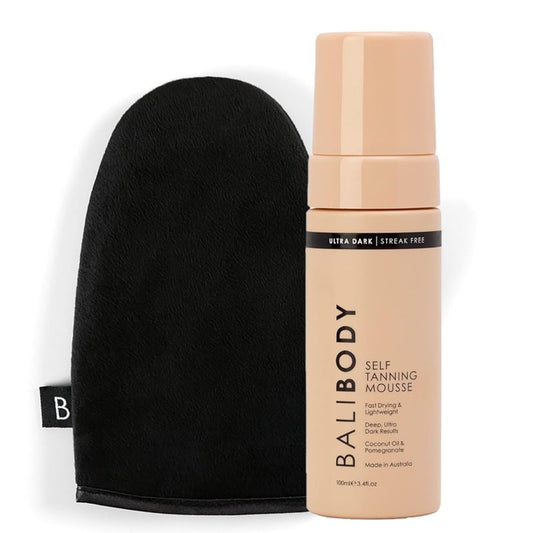 Bali Body Ultra Dark Self-Tanning Mousse + Mitt Bundle | Deep Looking Perfect Bronzed Shade | Streak-Free Green Based Tinted Self-Tanner + Reusable Stain-Free Tan Applicator | Vegan, Cruelty Free