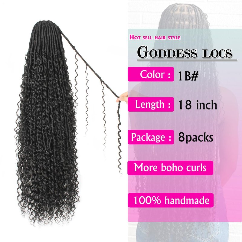 Goddess Locs Crochet Hair - 18 Inch Faux Locs with Curly Ends | 8 Packs Bohemian Hair for Black Women