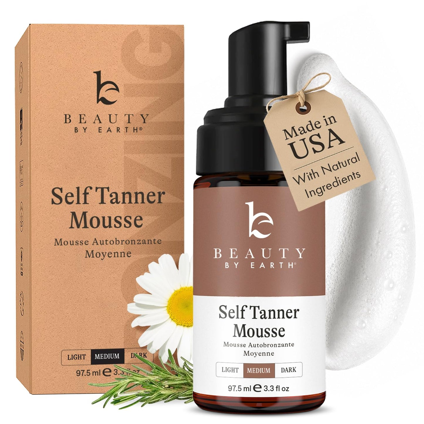 Self Tanner Mousse - Natural & Organic Sunless Tanning Foam for Dark Tan | Streak-Free Finish & Glow