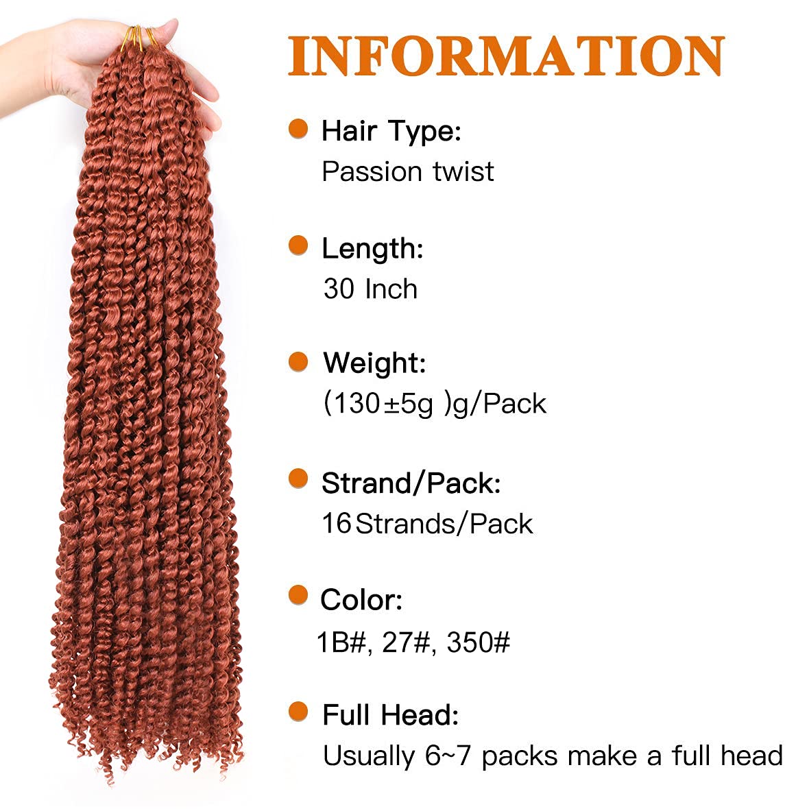 Copper Red Passion Twist Crochet Hair - 30 Inch Water Wave Extensions for Butterfly Locs | Synthetic #350