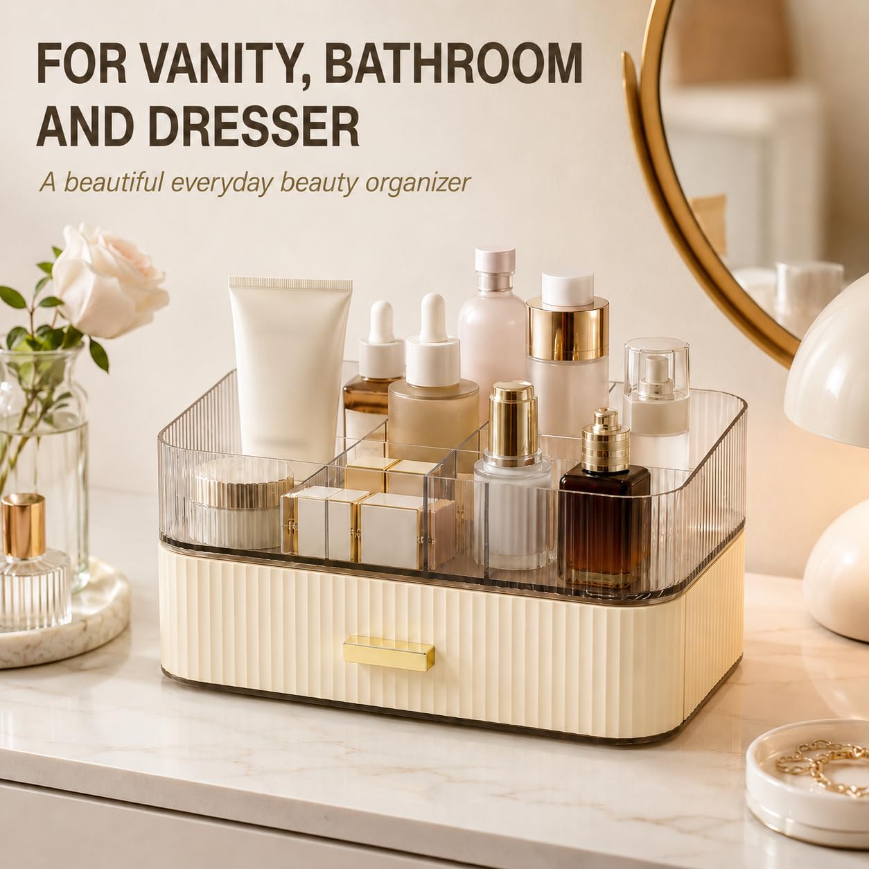 Decorcode Makeup Organizer with Wide Drawer for Vanity, Stackable Cosmetic Organizer Countertop, Clear Skincare Storage for Bathroom Counter, Perfume, Lipstick, Brushes and Palettes, Cream White