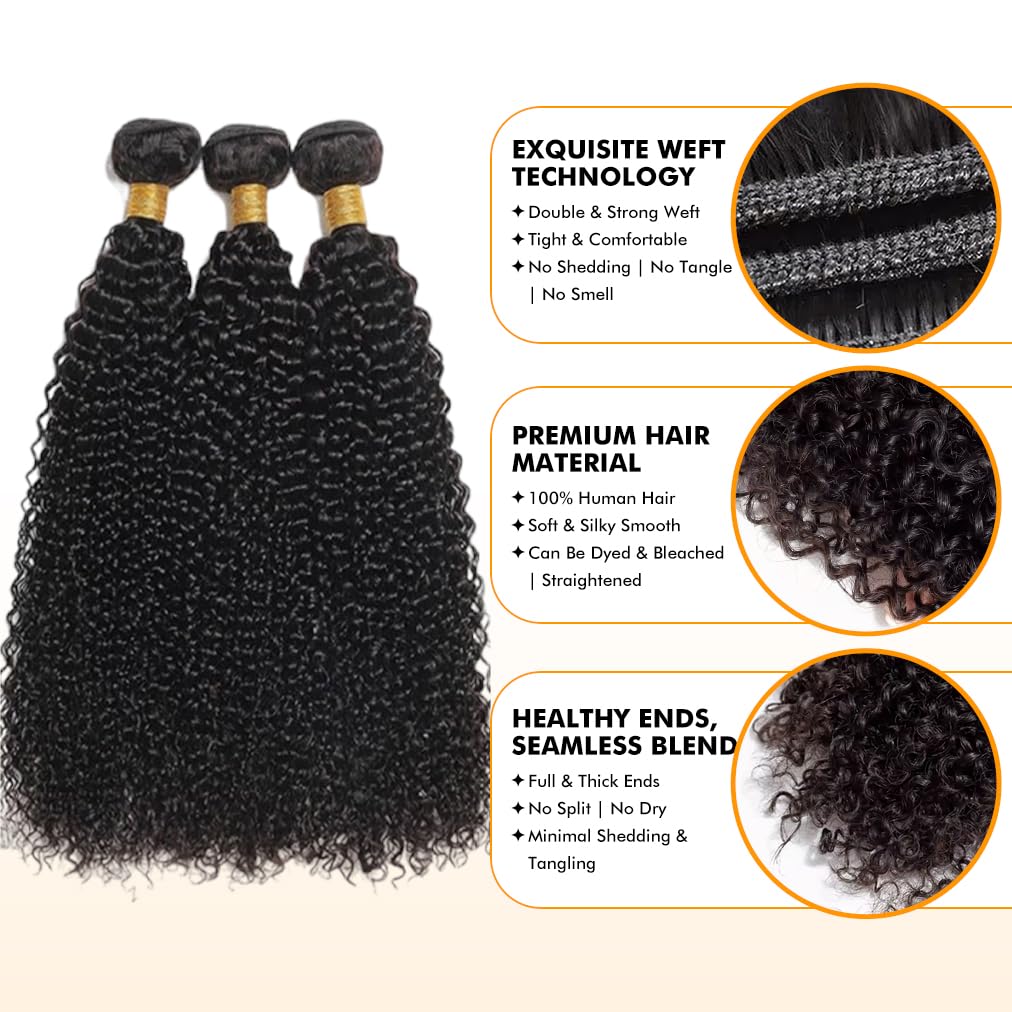 Kinky Curly Human Hair Bundles - 100% Unprocessed Brazilian Virgin Hair | 10, 12, 14 Inch, Natural Black, 3 Bundles for Weave Extensions