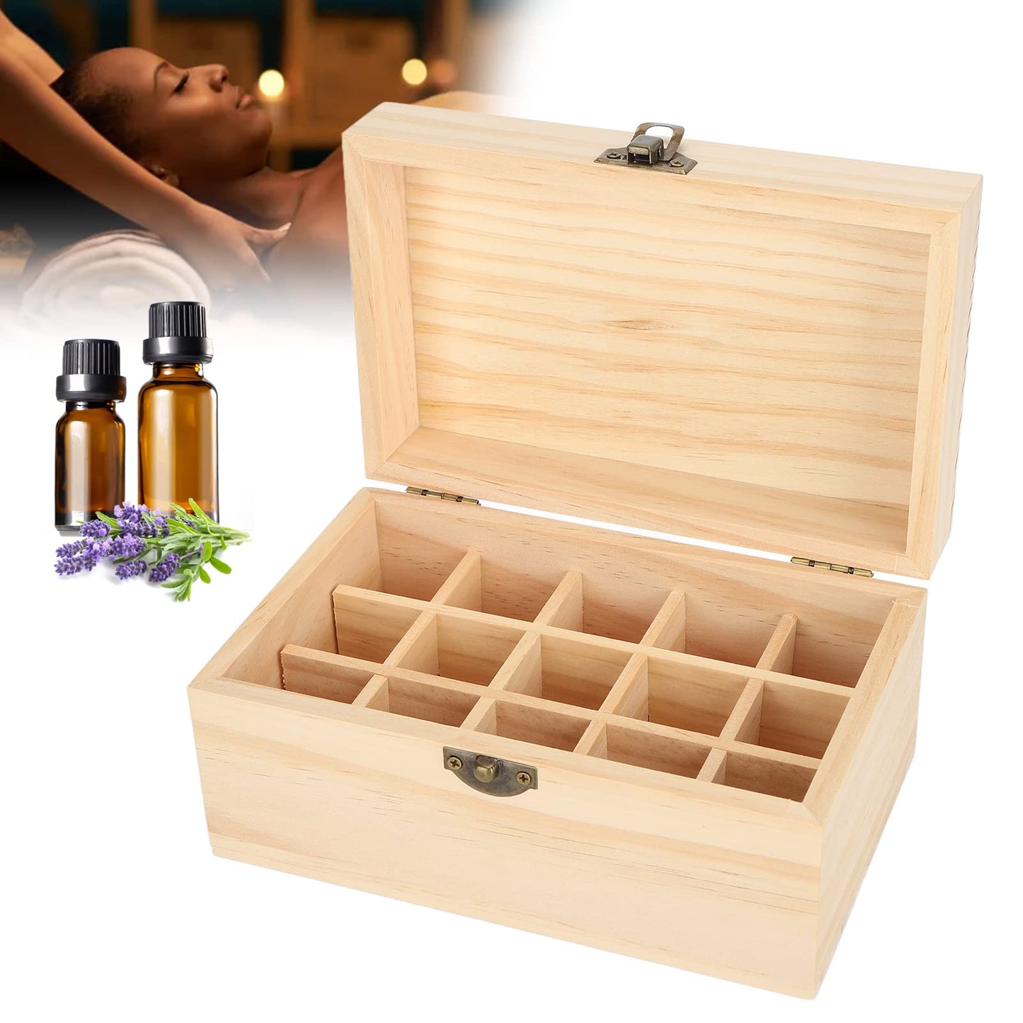FILFEEL Wooden Essential Oil Bottle Storage Box, Large Capacity 15 Slot Essential Oil Storage Case Pine Wood Essential Oils Organizer Holder for Home, 18.2 x 11.5 x 9 cm