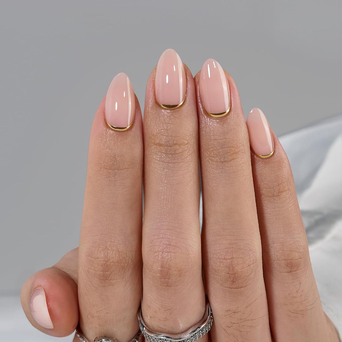 Press On Nails Almond - Short Gold Foil Soft Gel Nails with Glue | 32-Piece Kit in 16 Sizes