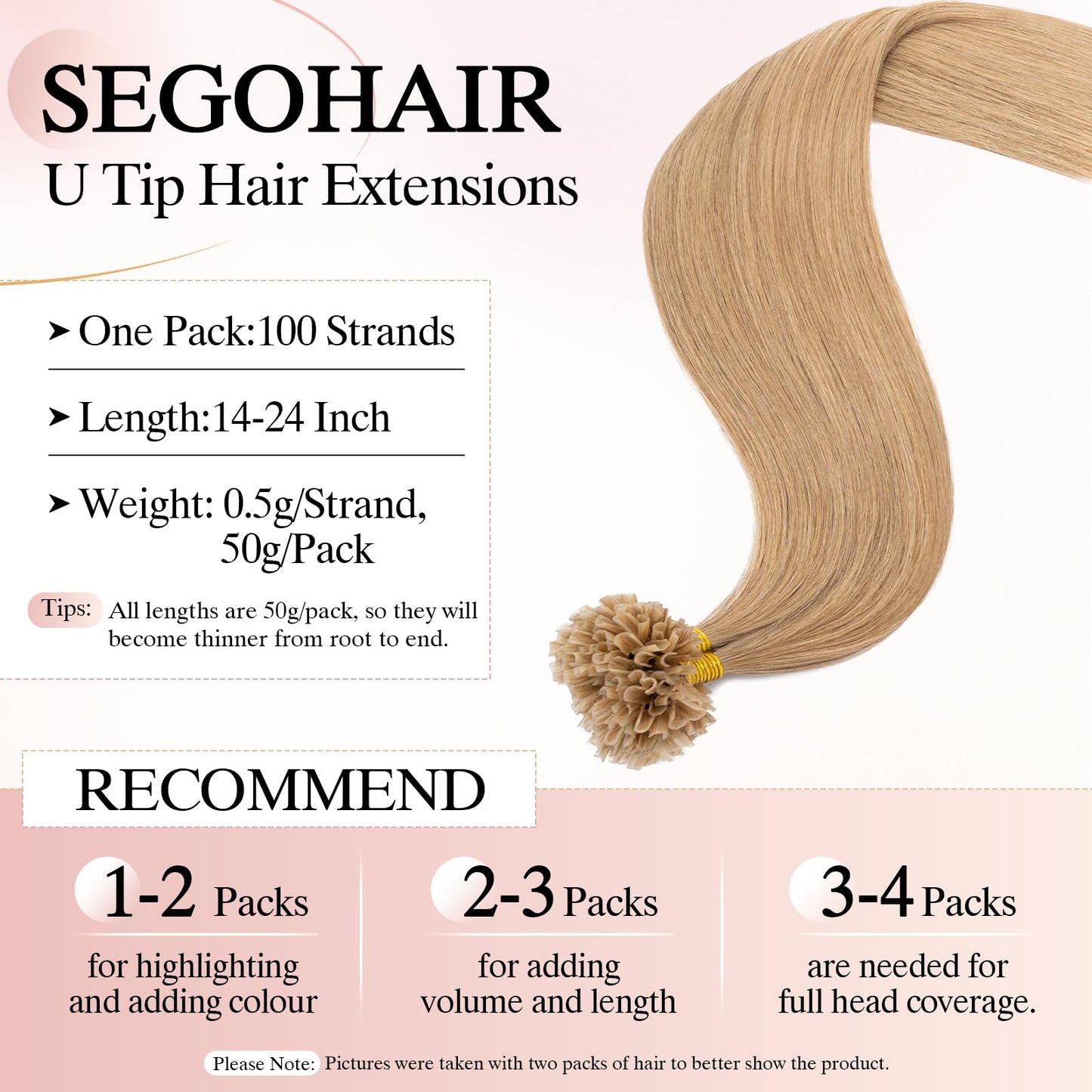 SEGOHAIR U Tip Hair Extensions Human Hair Pre Bonded Extensions Keratin Fusion Extensions K Tip Hair Extensions Real Human Hair Silky Straight Natural 50g/100 Stands 14" Light Brown