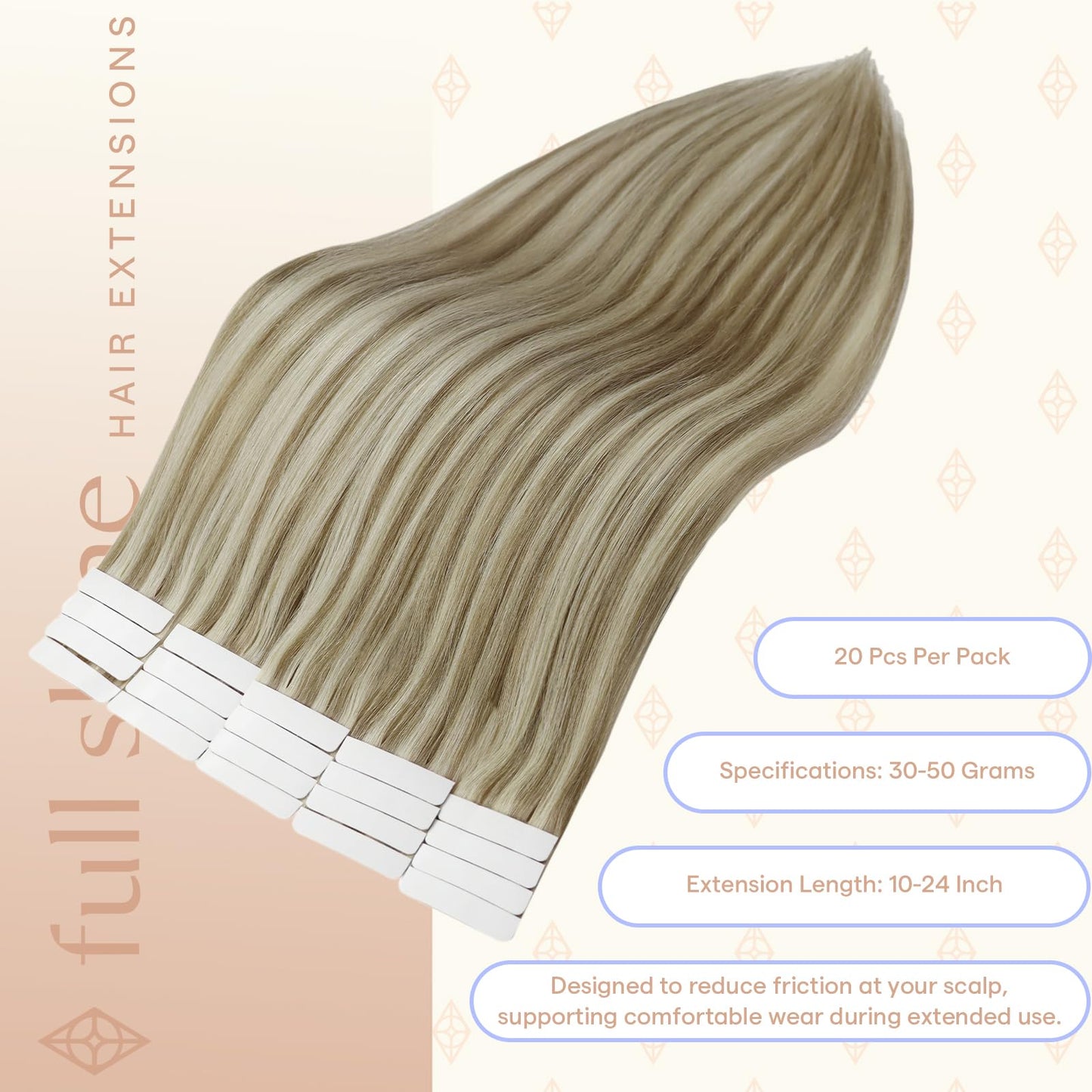 Full Shine Human Hair Extensions Tape in, Desert Blonde Mix 12 Inch