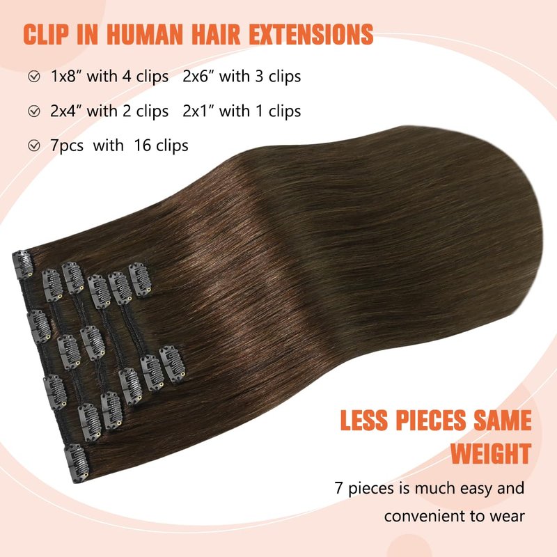 Real Human Hair Clip-In Extensions - Medium Brown 12 Inch, Soft & Natural Straight, 70g, 7pcs | #4 Chocolate Brown