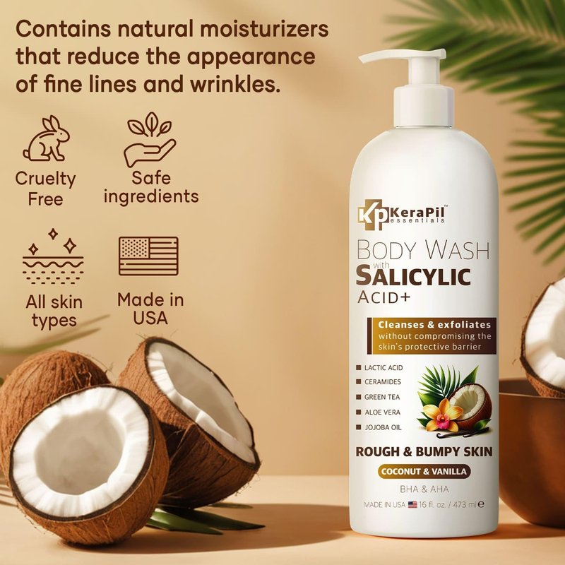 KERAPIL Exfoliating Body Wash with Salicylic Acid - No Dry Out, Gentle Exfoliates Rough and Bumpy Skin, Body Acne Wash, BHA & AHA - Coconut and Vanilla with Salicylic Acid - (16 fl oz)