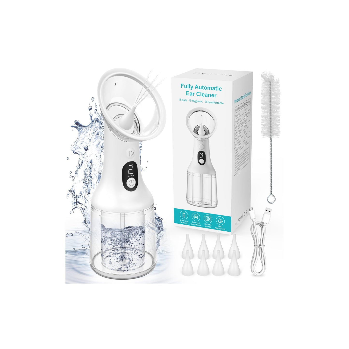 Upgraded Automatic Ear Wax Removal Kit with Waste Tank,USB Electric Ear Cleaner Earwax Removal Reusable Safe Irrigation Ear Washer Flushing System Tool with 4 Cleaning Modes IPX7 Waterproof-White