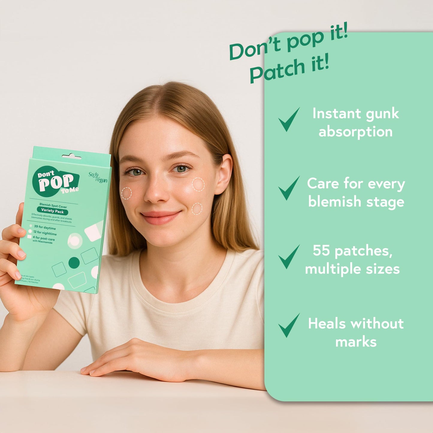 SoloVegan 55Count Don't Pop to Me Blemish Patch, Invisible Spot Cover, Hydrocolloid Acne Patch, Treatment for Breakouts, Absorbs Zits & Blemish, Korean Skin Care (165pcs (3PK))