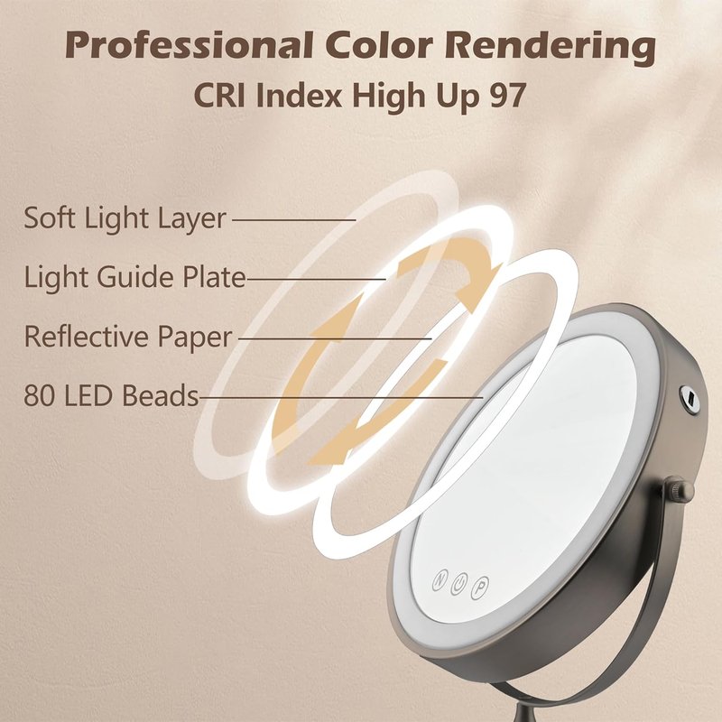 Lighted Makeup Mirror - 9" Double-Sided 1X/10X Magnification | Rechargeable with Adjustable Brightness & 80 LED Lights - Grey