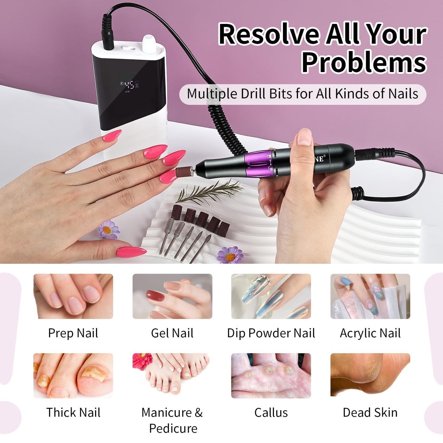 JODSONE Professional Nail Drill 45000 RPM Rechargeable Nail File for Nail Gel Removal Low Noise Portable for Home and Salon