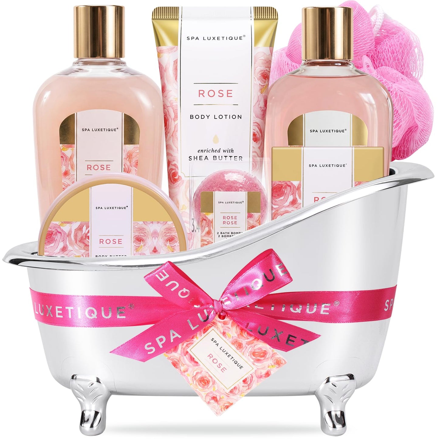 Spa Luxetique Gift Set For Women, Bath Sets - 8 Pcs Rose Spa Basket Includes Bubble Bath, Shower Gel, Body Lotion, Birthday Spa Gifts for Mom, Christmas Presents for Women