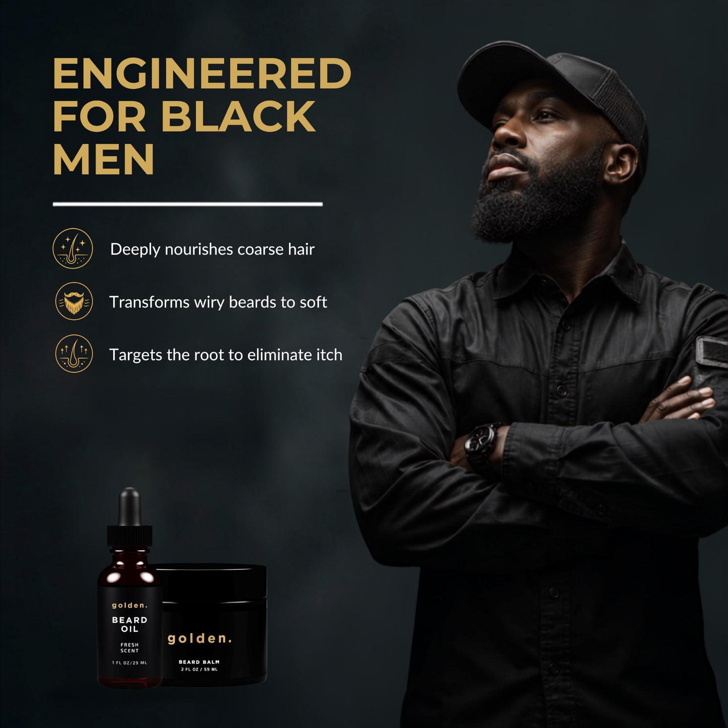 Golden Grooming Beard Bundle for Black Men - Natural Growth Kit with 2oz Balm & 1oz Oil - Shea Butter Conditioner - Fresh (Regular)