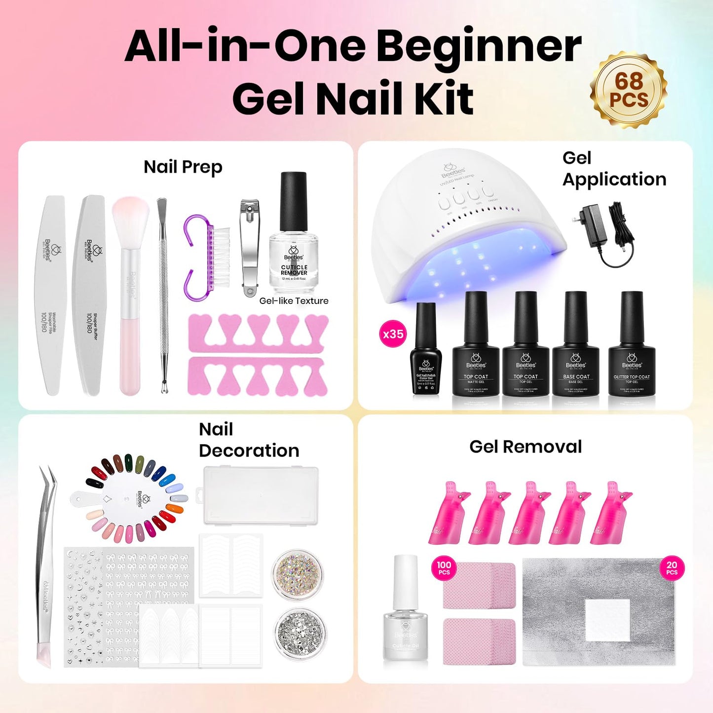 Beetles Gel Nail Polish Kit with U V Light, 68 Pcs Gel Nail Kit 35 Colors Emotional Spectrum with Base Matte&Glossy Top Coat Soak Off Nails Supplies Manicure Set Home Salon Gifts for Women