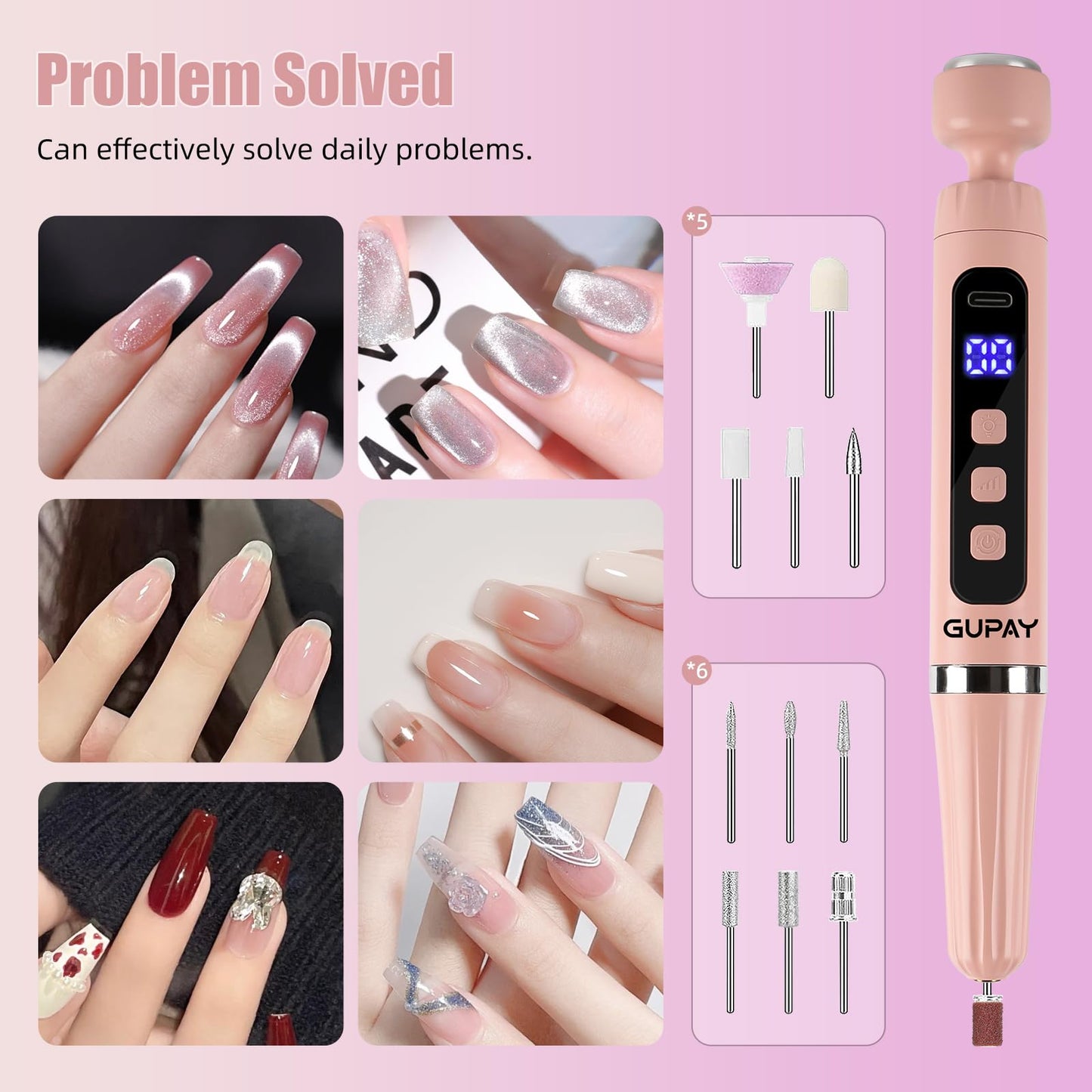 GUPAY Electric Nail Files, Cordless Rechargeable Nail Drill Machine for Natural Acrylic Gel Nails, Professional Portable Efile Manicure Pedicure Kit for Girl Women Mum Home Use Beginners