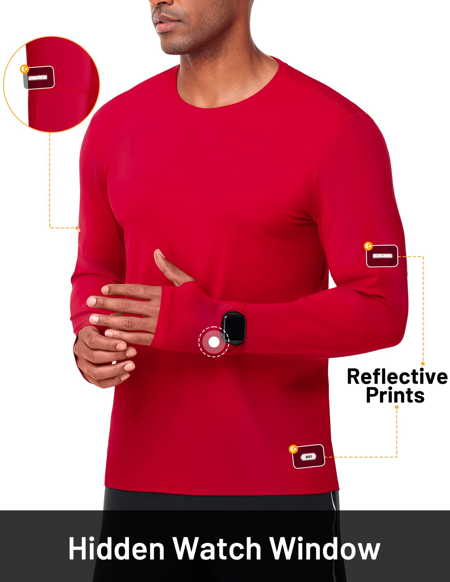 MIER Dry Fit Long Sleeve Shirts for Men UPF 50+ UV Sun Protection Shirts for Running Workout Athletic, Reflective, Red, M